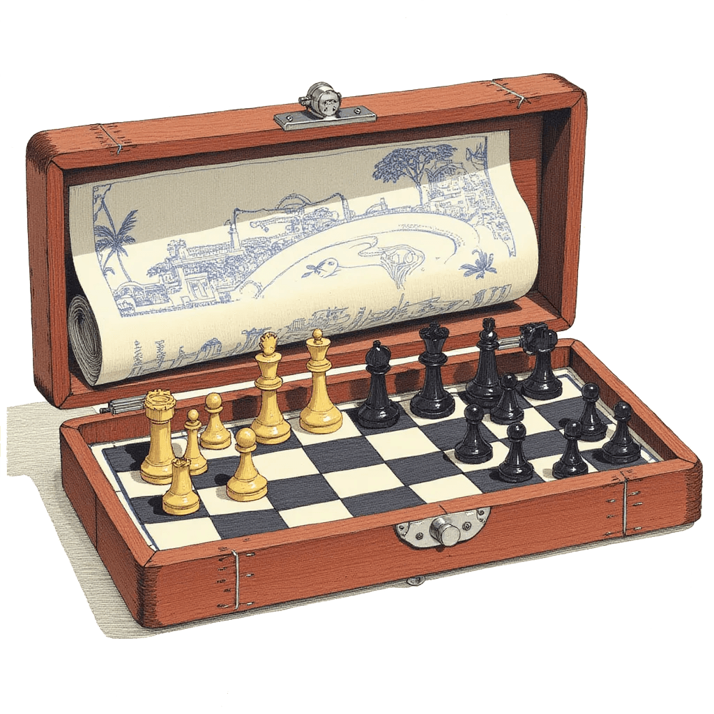 Blueprint with chess pieces