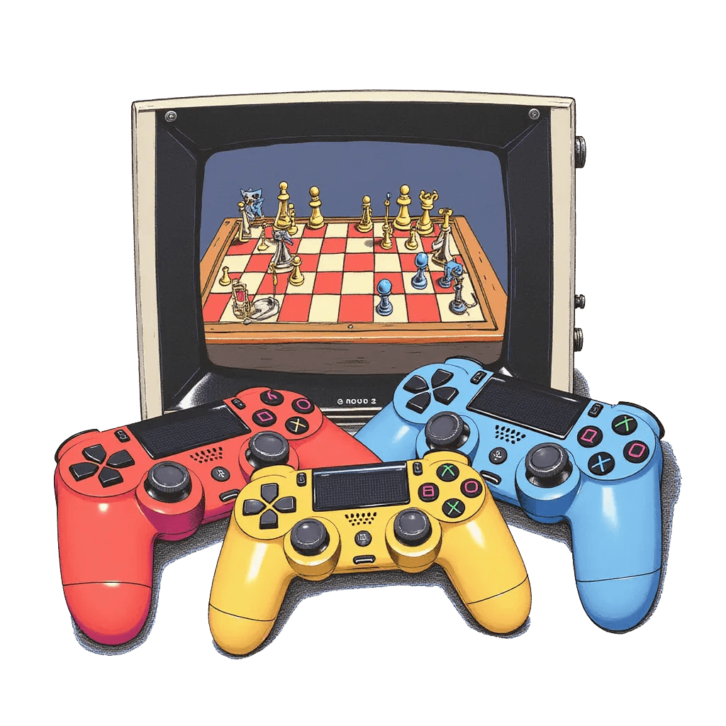 Game controllers and a TV screen with chess