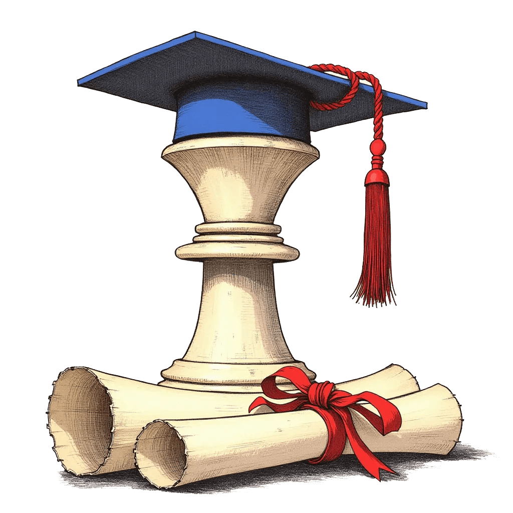Chess piecee with a graduation cap and a diploma scroll